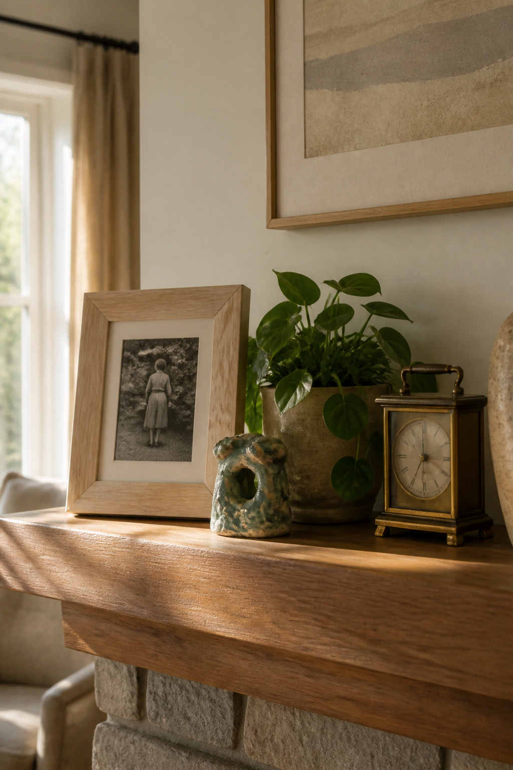 8 Spring Mantel Ideas for 2026: Rustic, Floral, Easter, Minimalist & More 12 A mantel showcasing a family photo and handmade decorations.