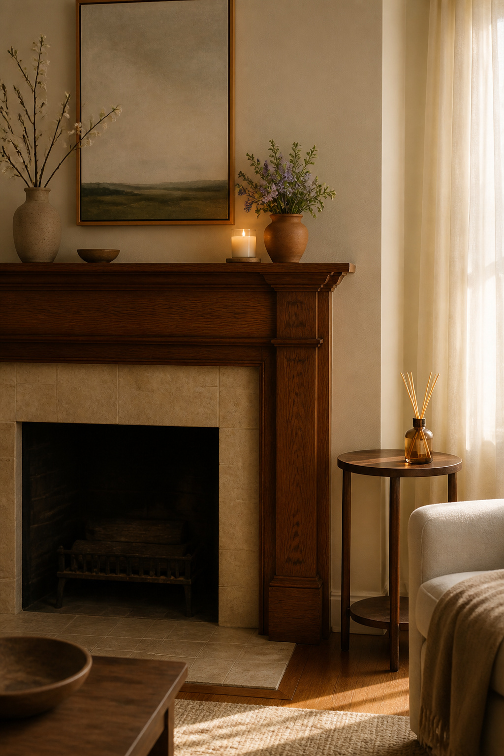 8 Spring Mantel Ideas for 2026: Rustic, Floral, Easter, Minimalist & More 13 A candle on a mantel with a coaster underneath for protection.