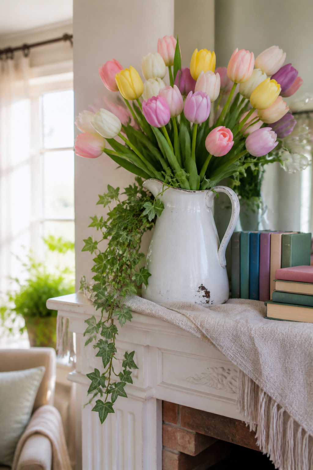 8 Spring Mantel Ideas for 2026: Rustic, Floral, Easter, Minimalist & More 2 A mantel with tulips, ivy, and a vintage pitcher as decor.