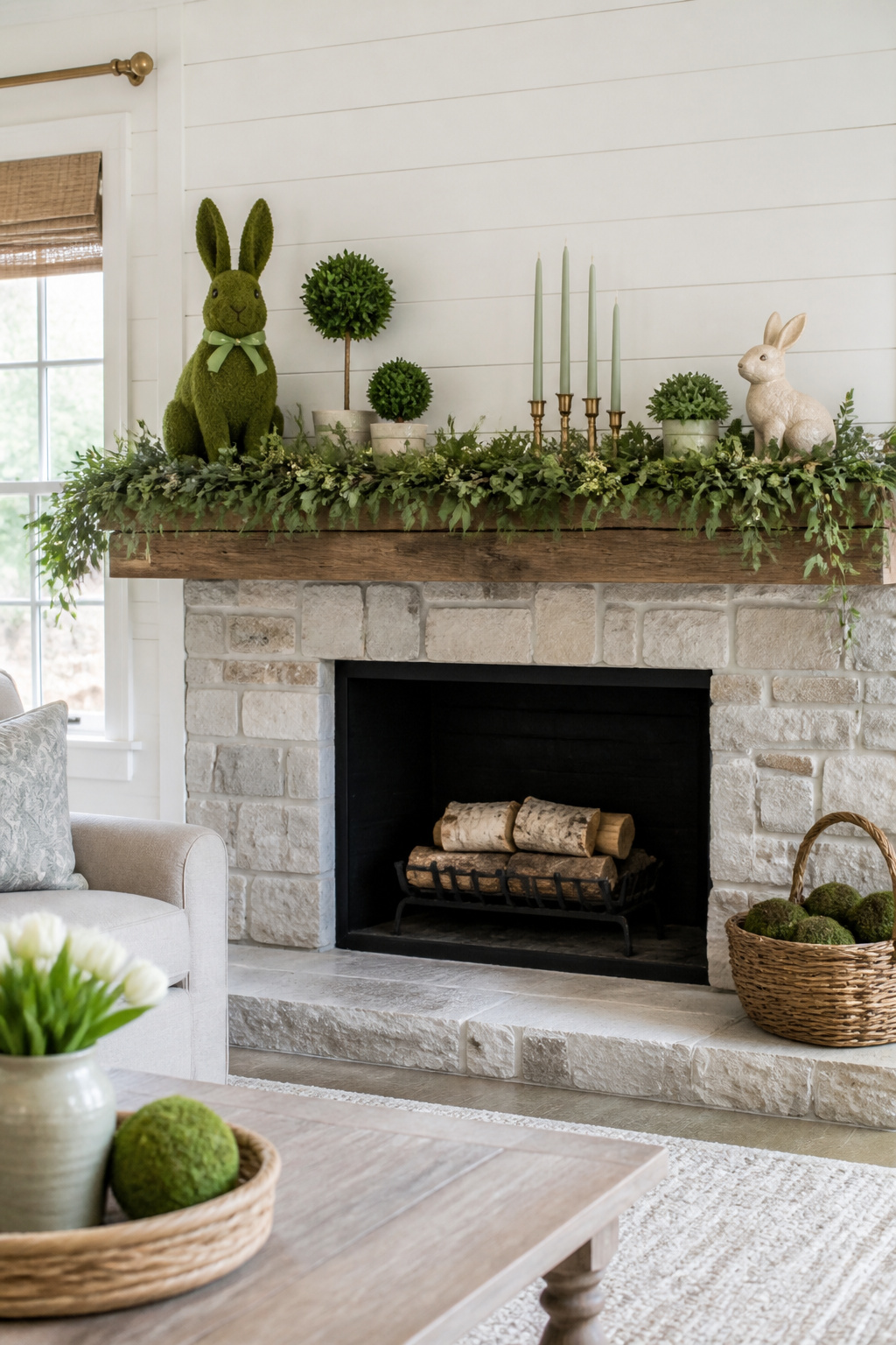 8 Spring Mantel Ideas for 2026: Rustic, Floral, Easter, Minimalist & More 3 A mantel decorated with a moss-covered bunny and preserved greenery.