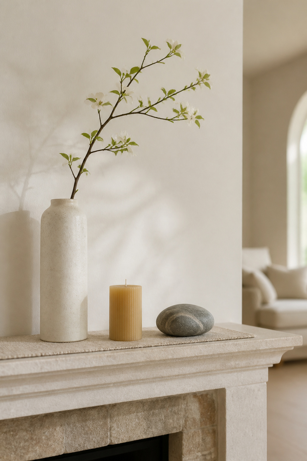 8 Spring Mantel Ideas for 2026: Rustic, Floral, Easter, Minimalist & More 4 A simple mantel with a tall vase, beeswax candle, and a smooth stone.