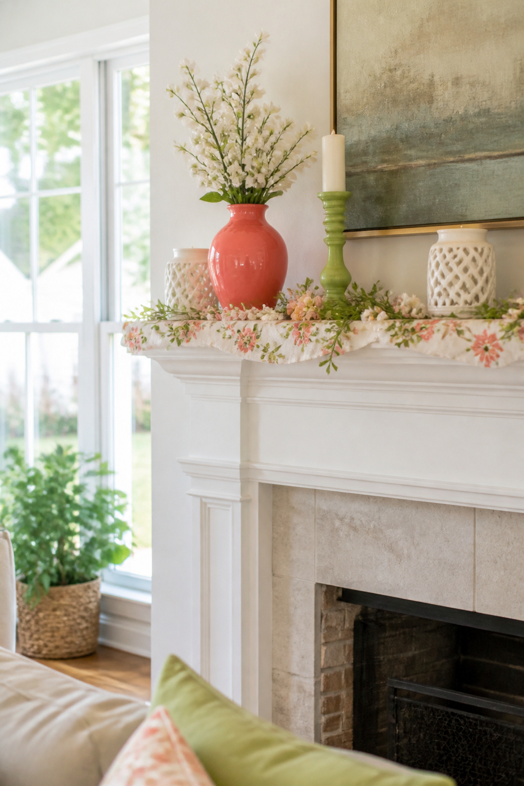 8 Spring Mantel Ideas for 2026: Rustic, Floral, Easter, Minimalist & More 5 A mantel with a bold coral vase, lime green candlestick, and books.