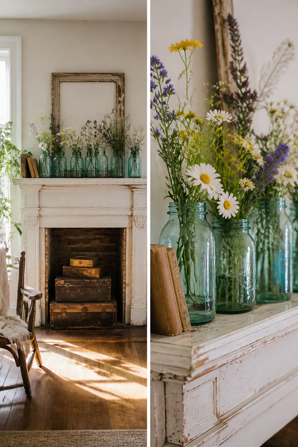 8 Spring Mantel Ideas for 2026: Rustic, Floral, Easter, Minimalist & More 6 A mantel featuring vintage books and blue glass jars in varied heights.