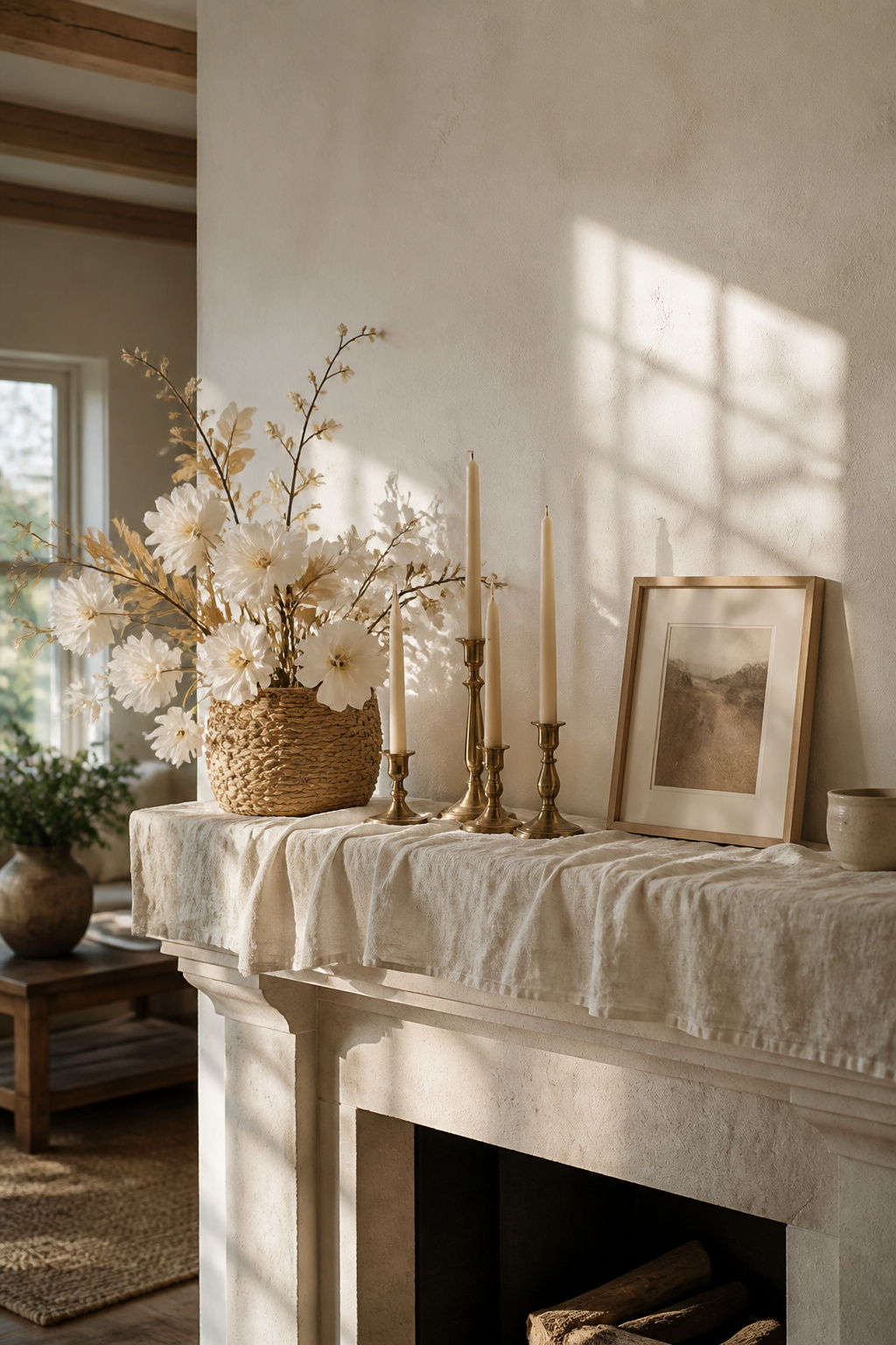 8 Spring Mantel Ideas for 2026: Rustic, Floral, Easter, Minimalist & More 8 A mantel with a linen runner, brass candlesticks, and a woven basket.