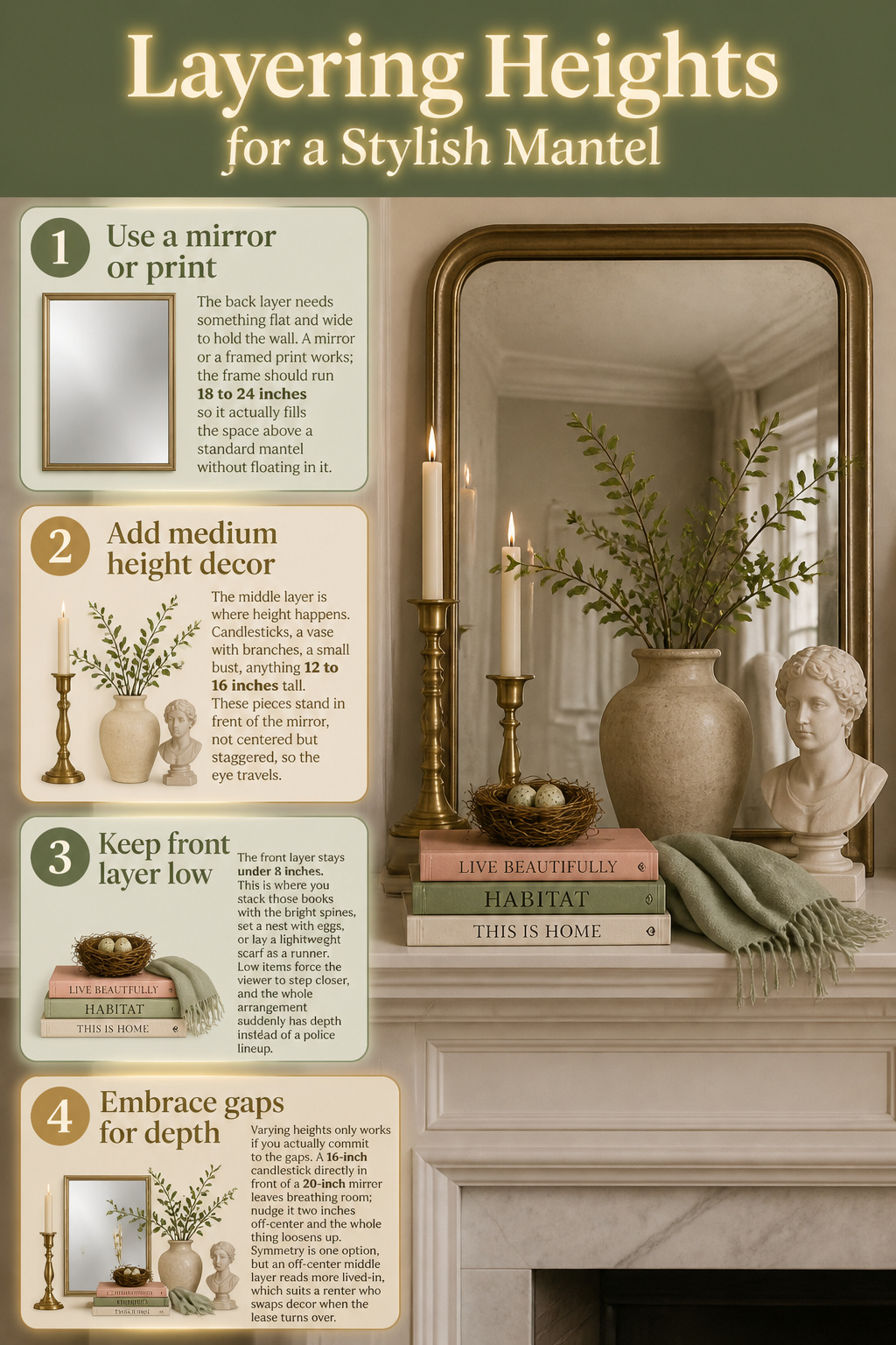 8 Spring Mantel Ideas for 2026: Rustic, Floral, Easter, Minimalist & More 9 An infographic on how to layer heights for a mantel arrangement.