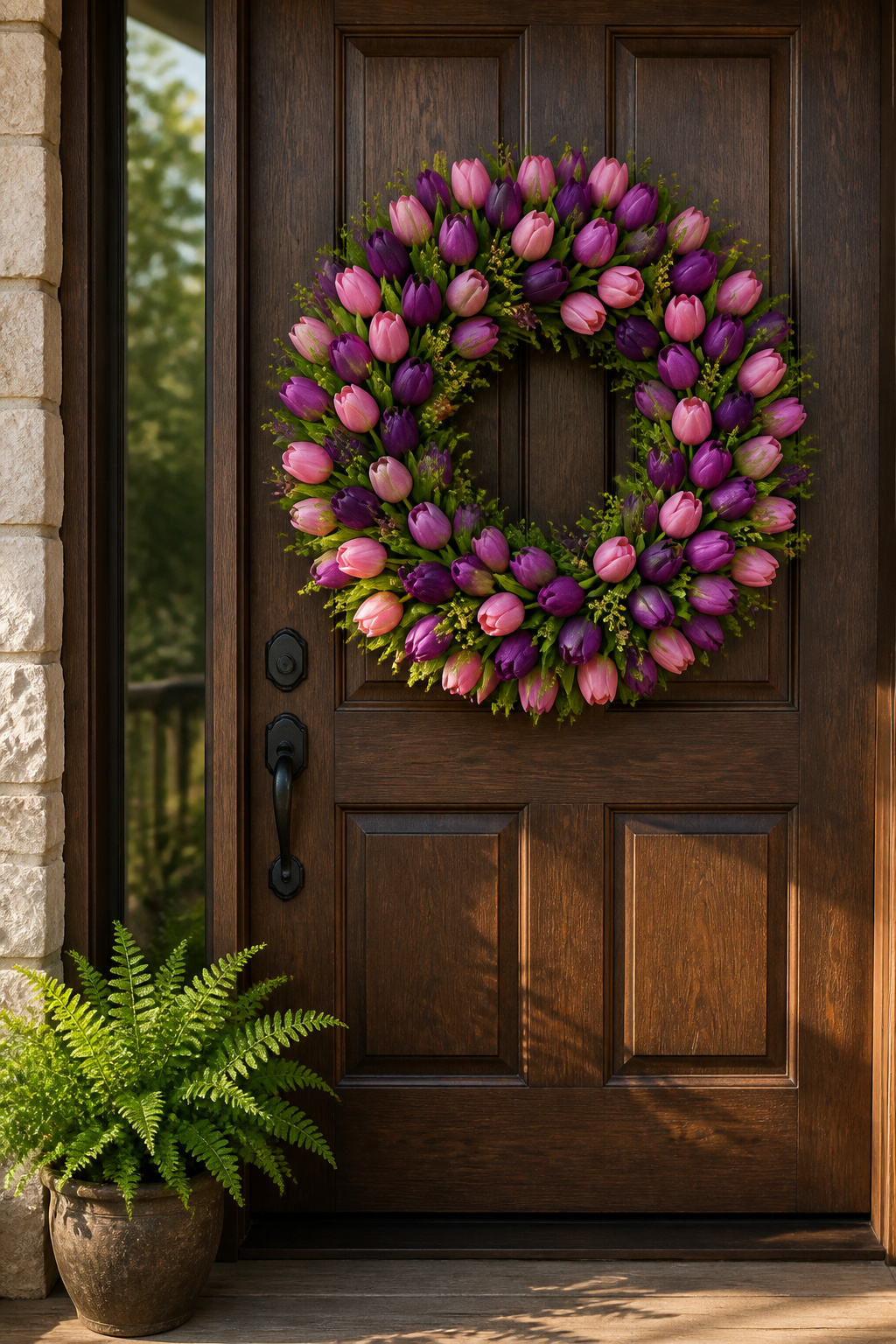 Spring Wreath Ideas for Your Front Door in 2026 1 A tulip wreath with various colors and sizes on a door.