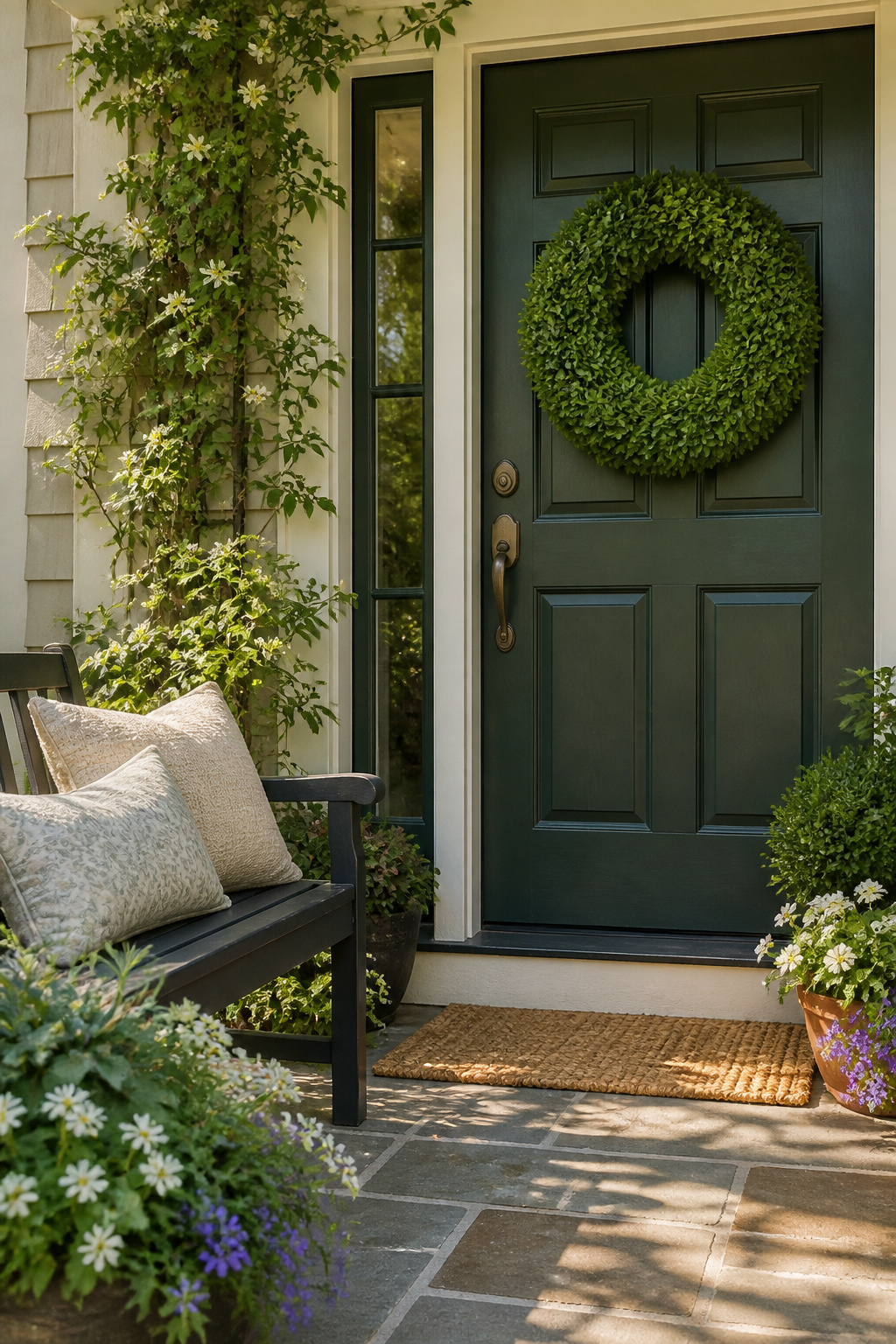 Spring Wreath Ideas for Your Front Door in 2026 10 A boxwood wreath displayed on a dark green door.