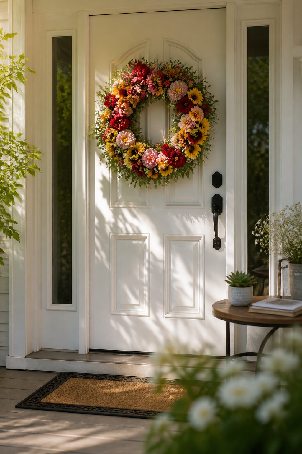 Spring Wreath Ideas for Your Front Door in 2026 11 A floral wreath with various colorful flowers on a door.