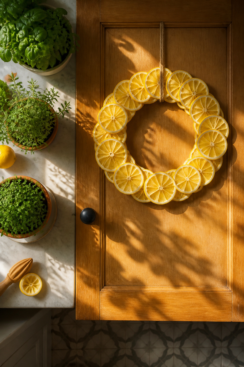 Spring Wreath Ideas for Your Front Door in 2026 12 A citrus wreath featuring lemon slices on a door.