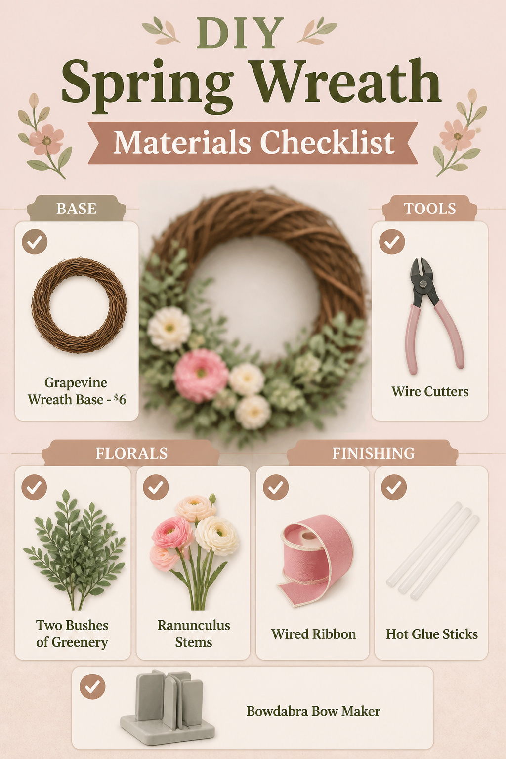 Spring Wreath Ideas for Your Front Door in 2026 13 Materials for making a spring wreath, including a grapevine base.