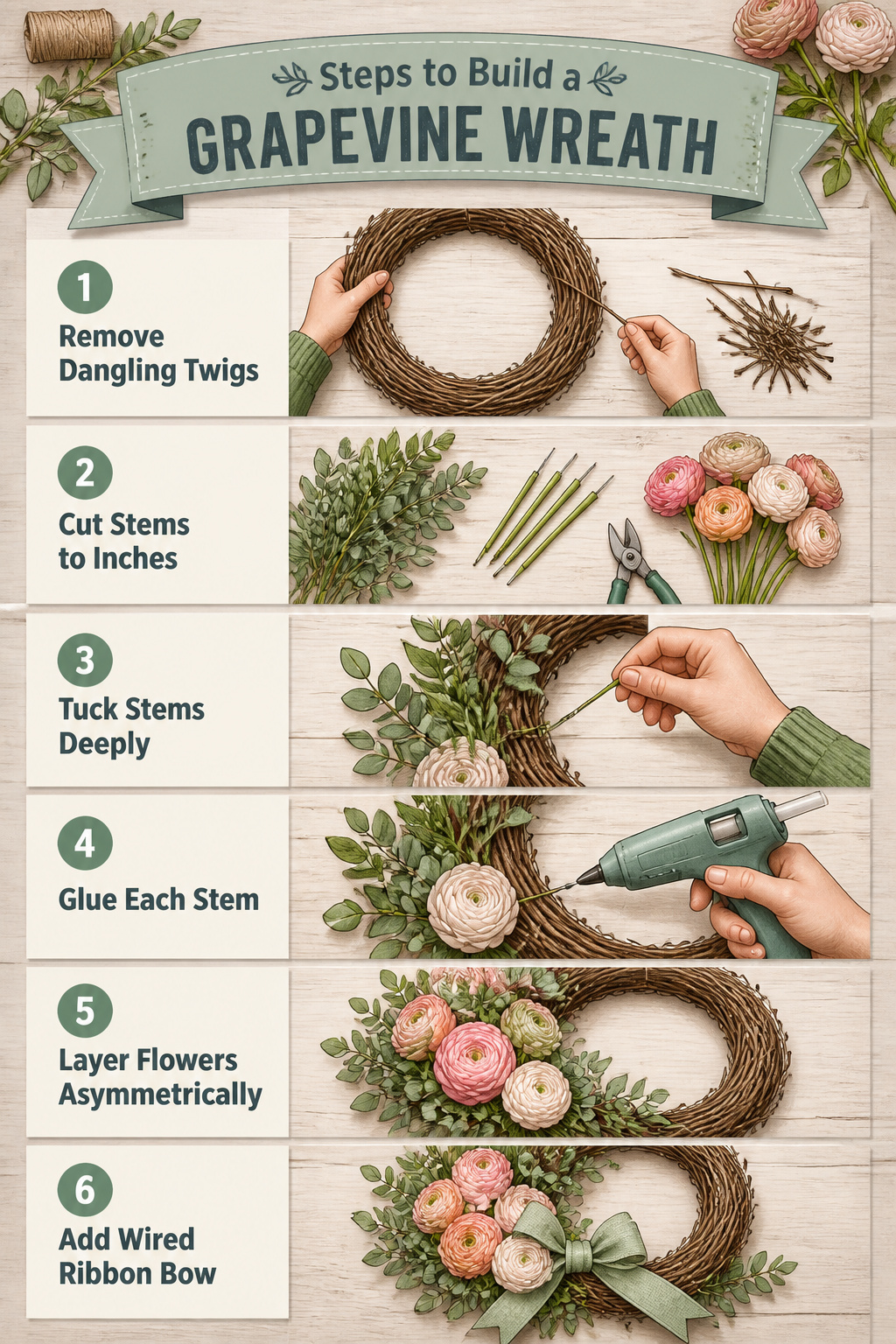 Spring Wreath Ideas for Your Front Door in 2026 14 Instructions for building a grapevine wreath displayed visually.