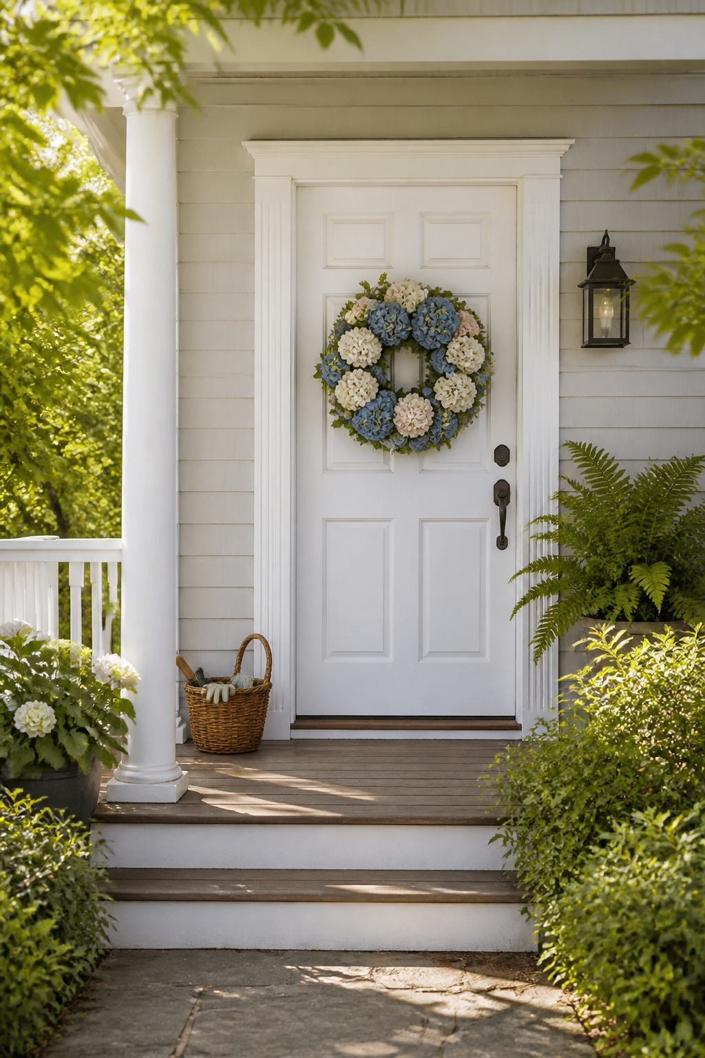 Spring Wreath Ideas for Your Front Door in 2026 2 A hydrangea wreath in pink, white, and green on a door.