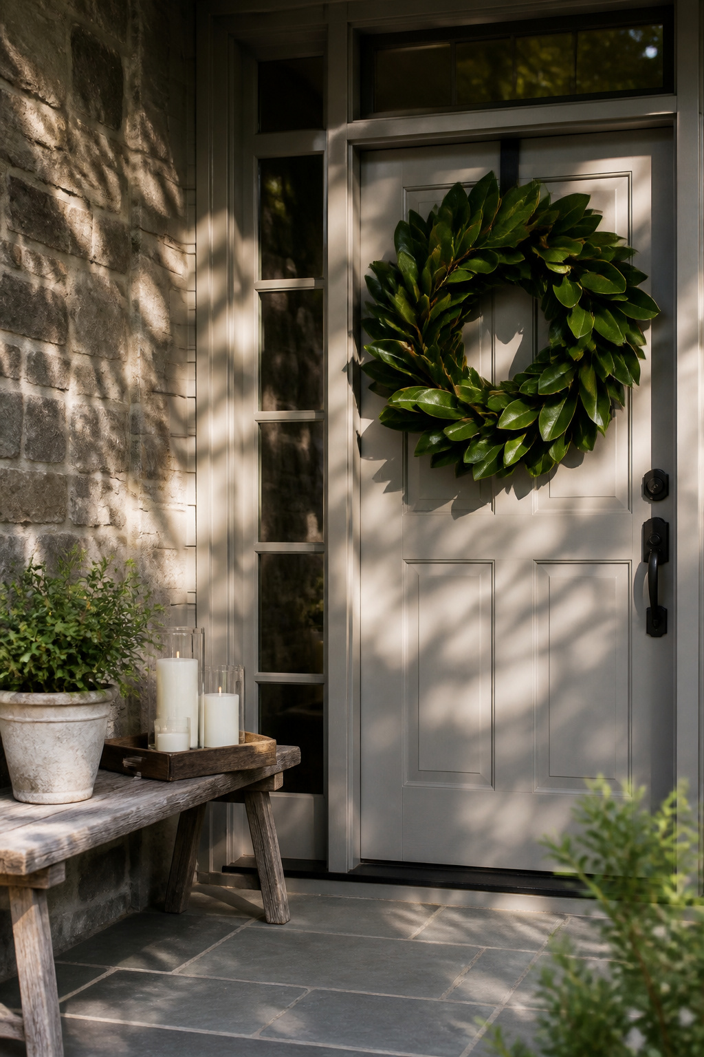 Spring Wreath Ideas for Your Front Door in 2026 3 A 30-inch magnolia wreath hanging on a gray door.