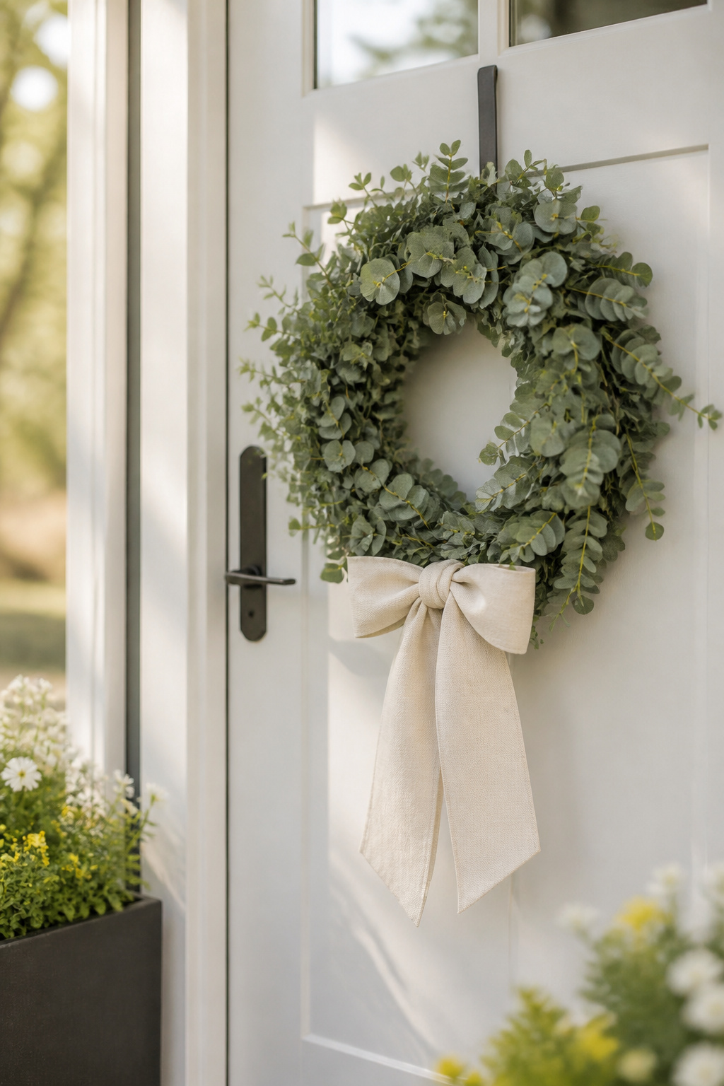 Spring Wreath Ideas for Your Front Door in 2026 4 A 22-inch eucalyptus wreath on a front door.