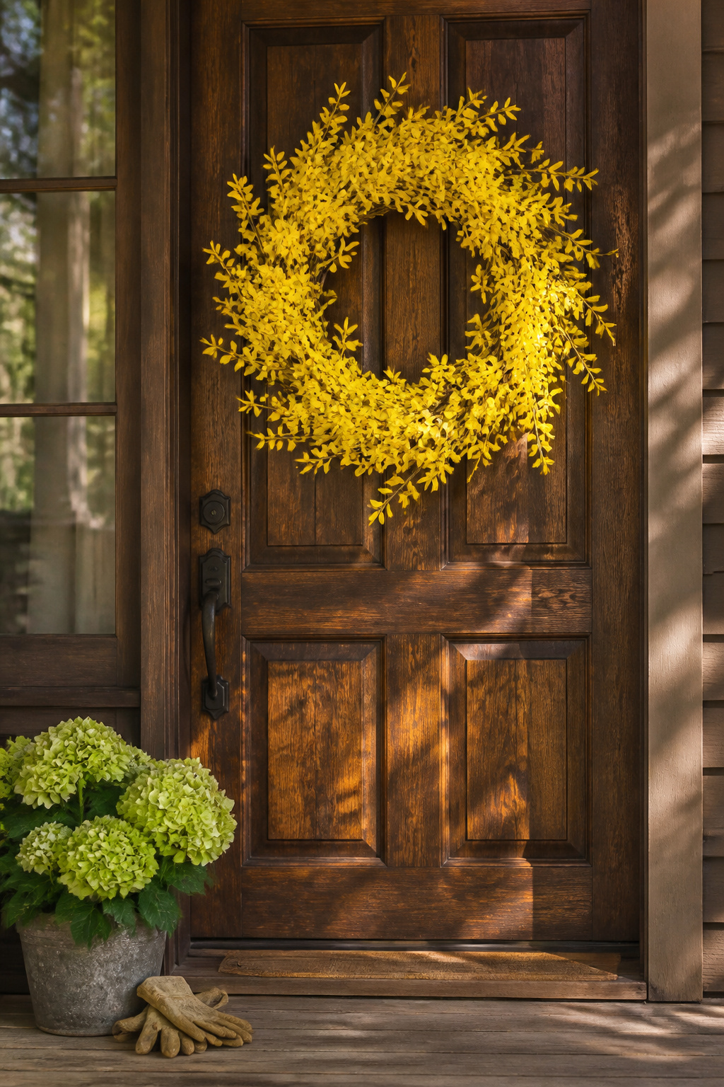Spring Wreath Ideas for Your Front Door in 2026 5 A forsythia wreath with yellow branches on a door.