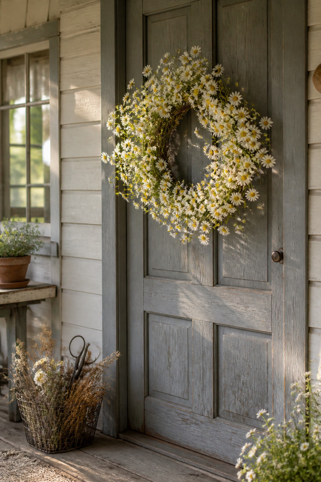 Spring Wreath Ideas for Your Front Door in 2026 7 A daisy wreath with white and yellow blooms on a door.