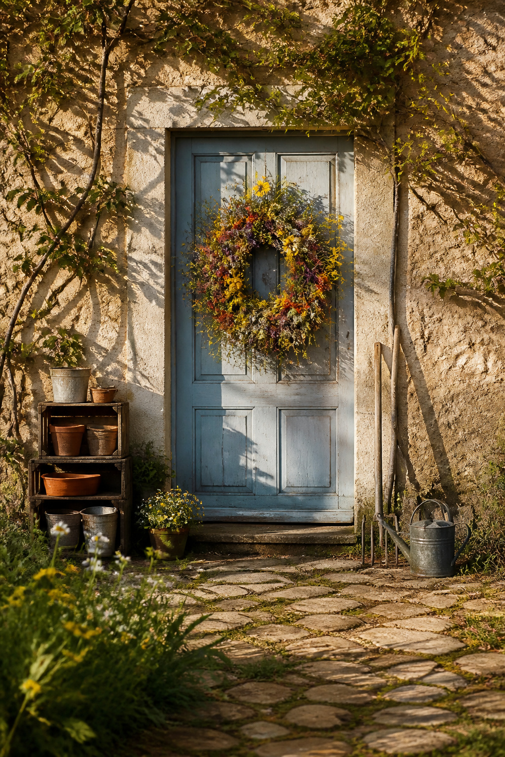 Spring Wreath Ideas for Your Front Door in 2026 8 A wildflower wreath with mixed stems on a door.