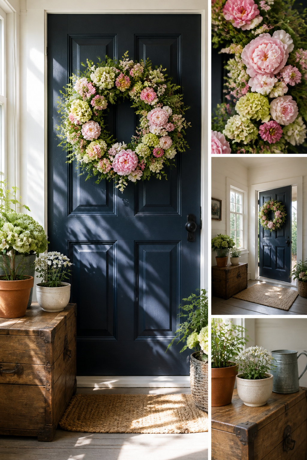 Spring Wreath Ideas for Your Front Door in 2026 9 A 24-inch mixed flower wreath hanging on a door.