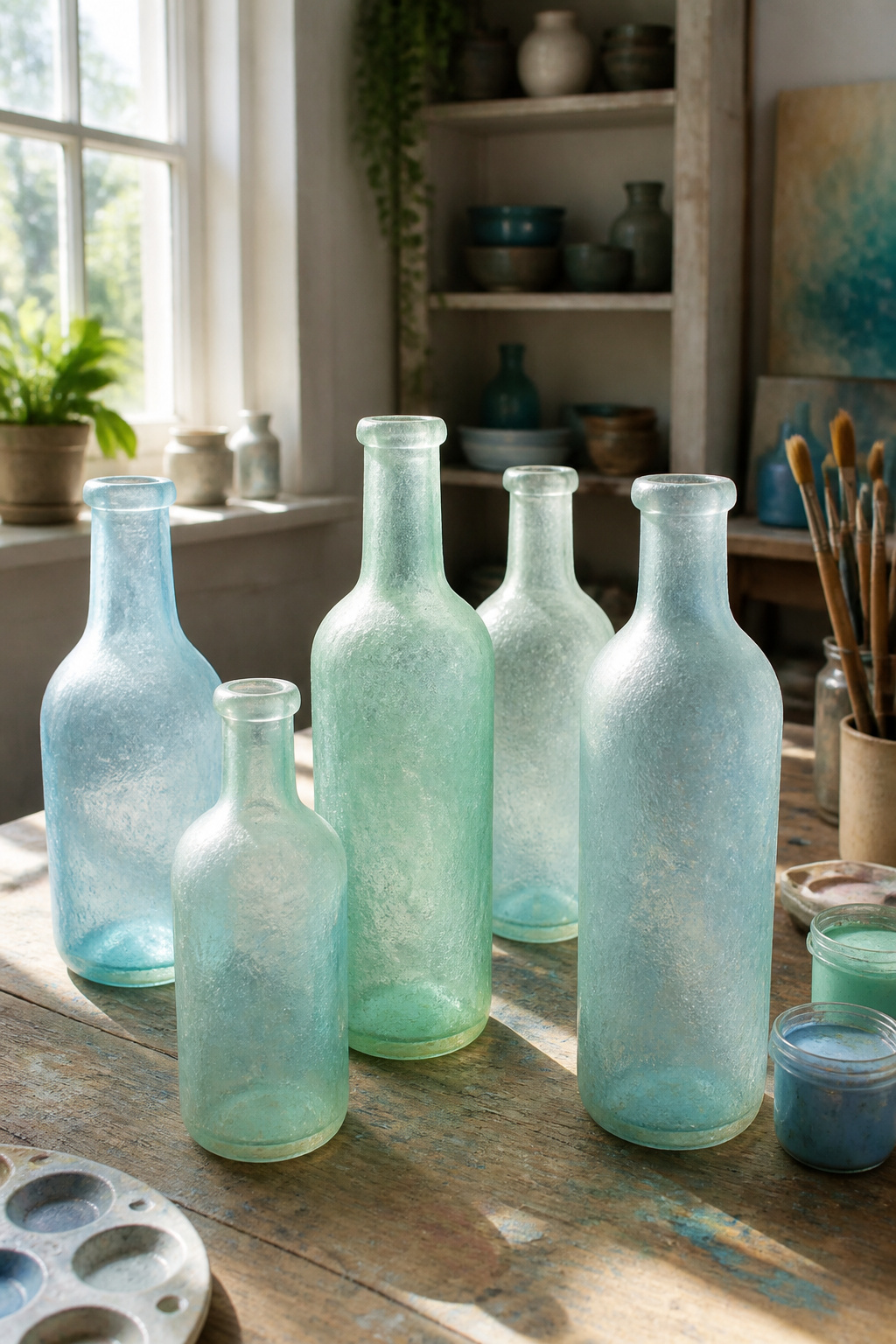 40 Summer Craft Ideas for Adults and Kids to Make in 2026 1 Sea glass bottles in pale blue and seafoam green with frosted rims.