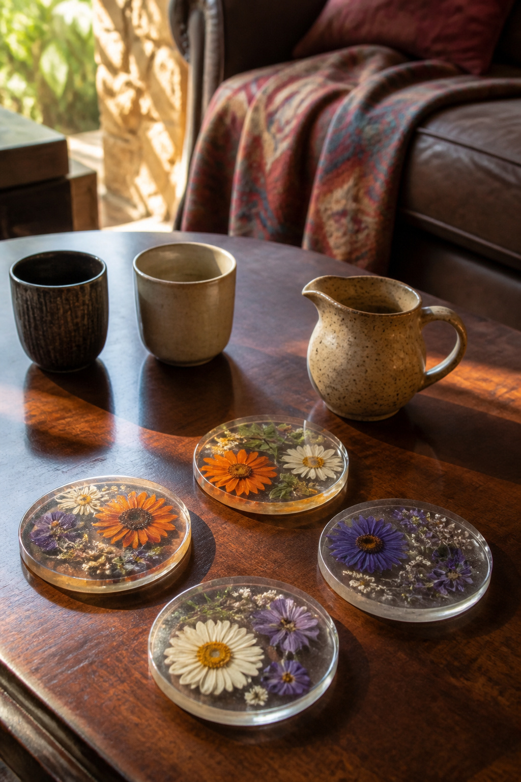 40 Summer Craft Ideas for Adults and Kids to Make in 2026 11 Coasters made from resin with pressed flowers embedded inside.