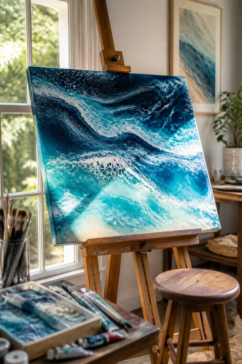 40 Summer Craft Ideas for Adults and Kids to Make in 2026 14 Layered resin artwork mimicking ocean waves in blue and white.