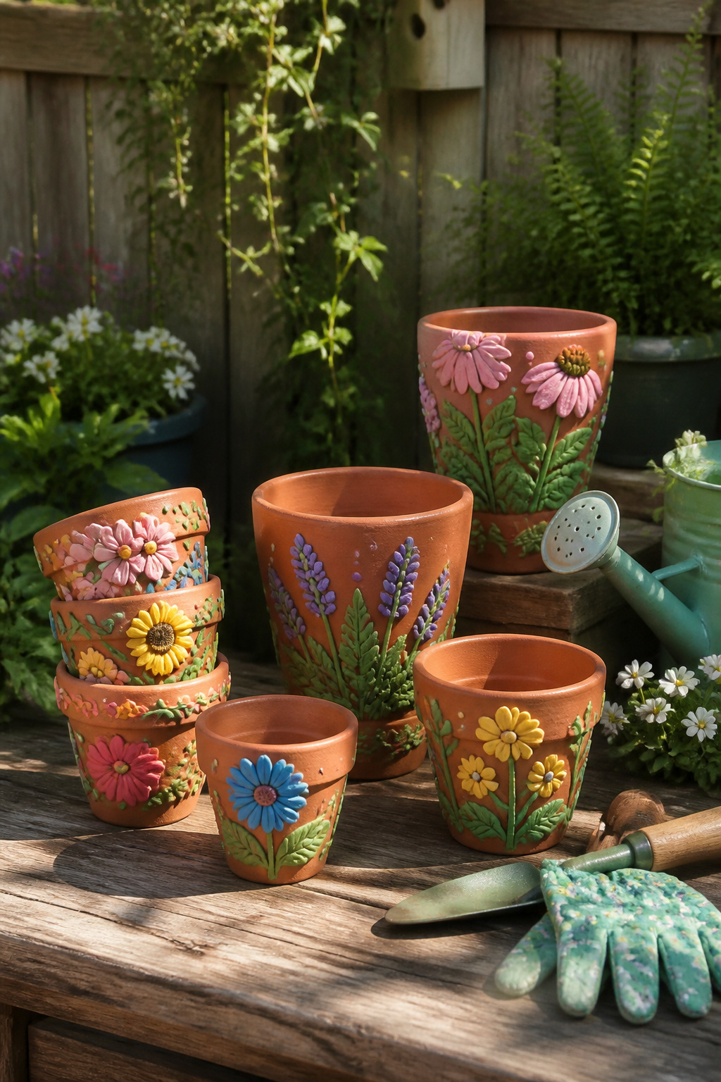 40 Summer Craft Ideas for Adults and Kids to Make in 2026 17 Terra cotta flower pots decorated with vibrant polymer clay.