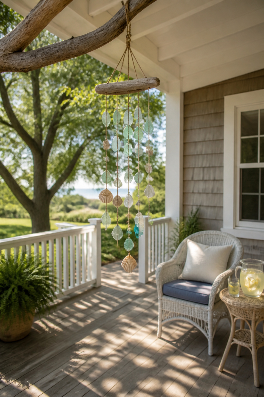 40 Summer Craft Ideas for Adults and Kids to Make in 2026 19 Wind chime made from sea glass and shells hanging from driftwood.