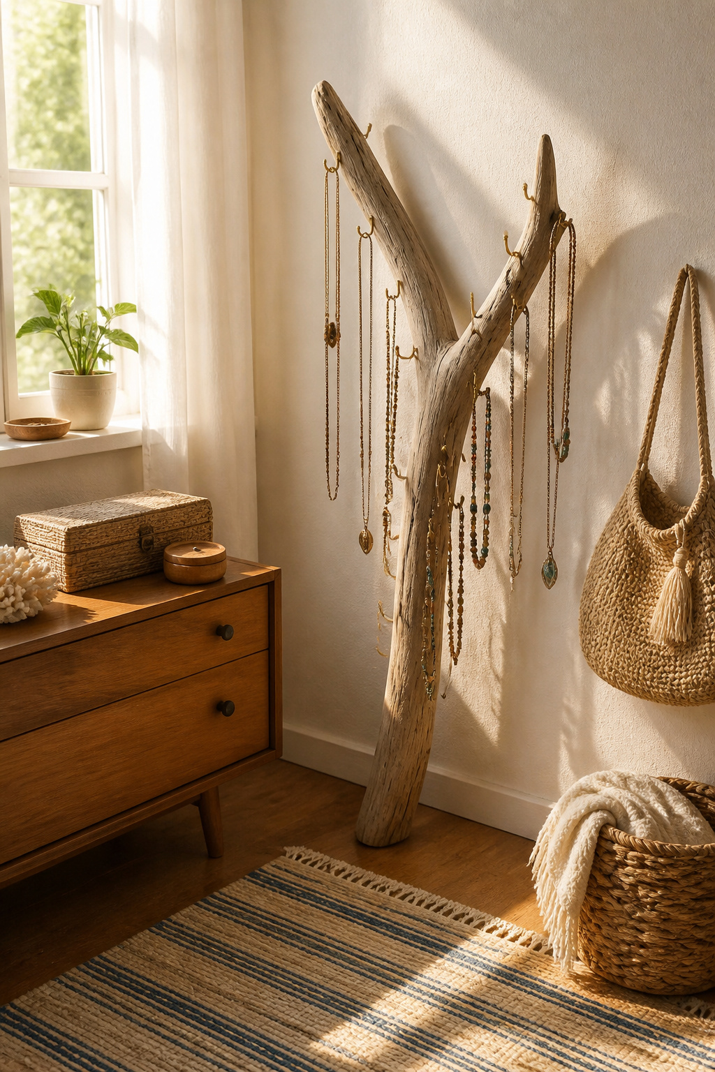 40 Summer Craft Ideas for Adults and Kids to Make in 2026 20 Jewelry hanger made from driftwood with screw hooks for necklaces.