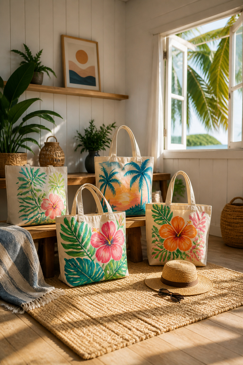 40 Summer Craft Ideas for Adults and Kids to Make in 2026 27 Tote bags decorated with palm leaves and hibiscus flowers.