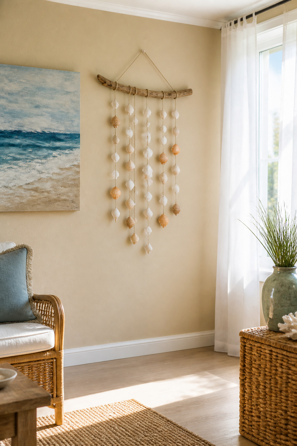 40 Summer Craft Ideas for Adults and Kids to Make in 2026 3 Seashell wall hanging made from twine and driftwood.
