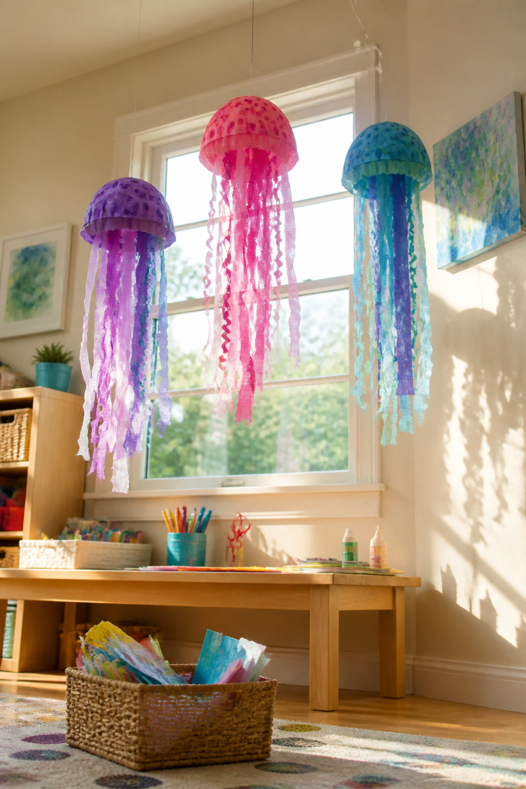40 Summer Craft Ideas for Adults and Kids to Make in 2026 31 Jellyfish made from paper bowls and crepe paper for tentacles.