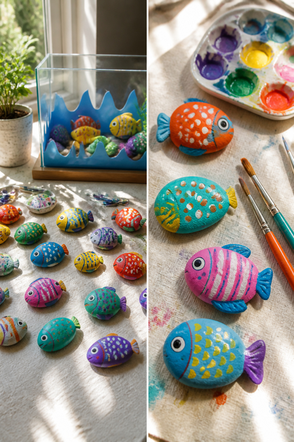 40 Summer Craft Ideas for Adults and Kids to Make in 2026 33 Fish made from painted rocks with cardstock fins.