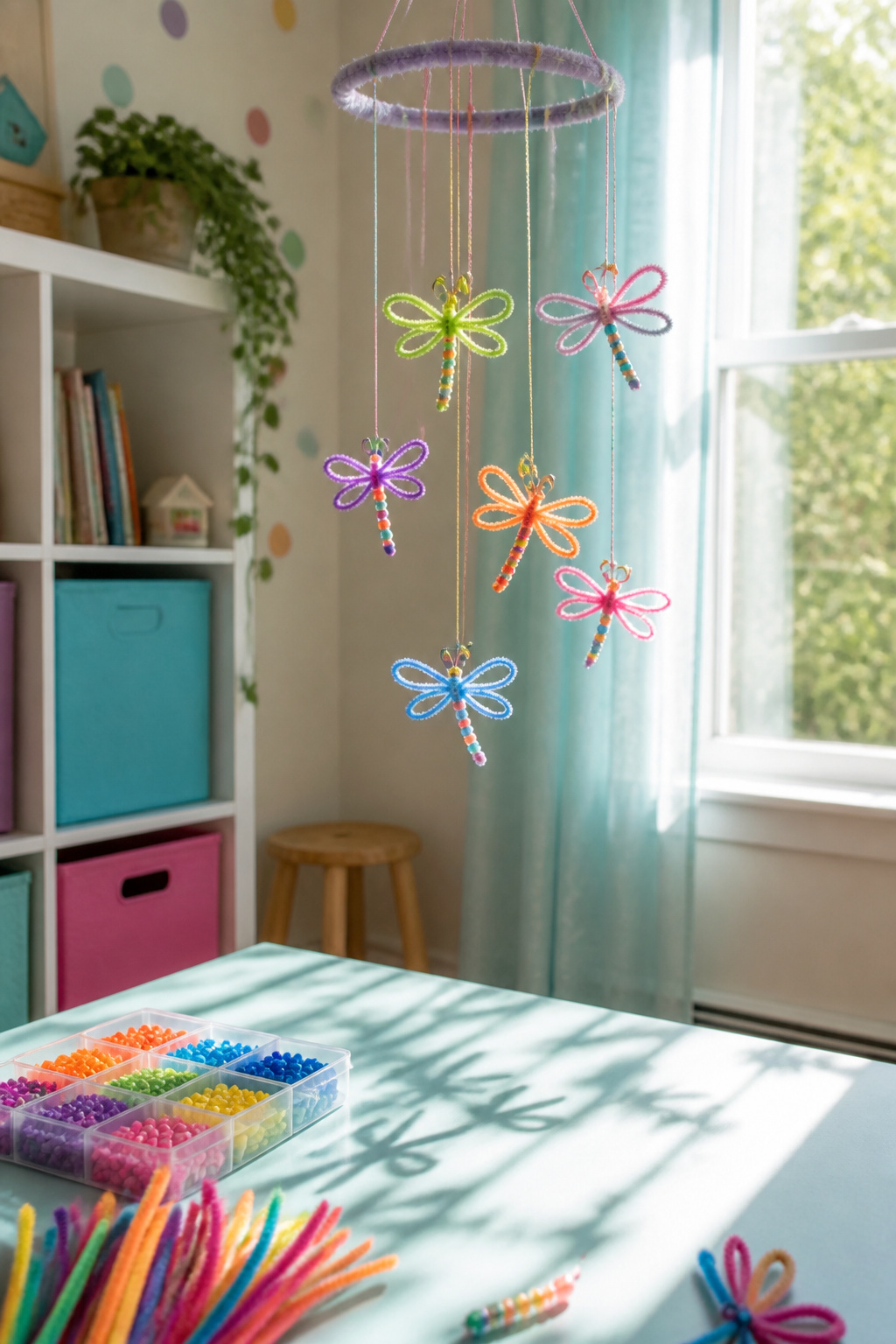 40 Summer Craft Ideas for Adults and Kids to Make in 2026 38 Dragonflies made from beaded pipe cleaners hanging in a mobile.