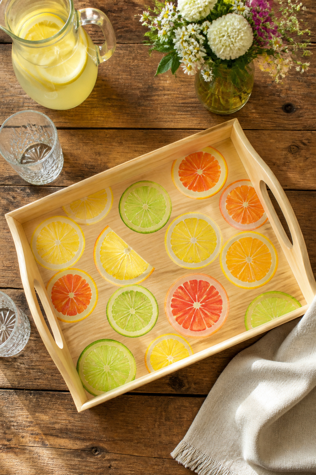 40 Summer Craft Ideas for Adults and Kids to Make in 2026 7 Wooden serving tray painted with lemon, lime, and orange slices.