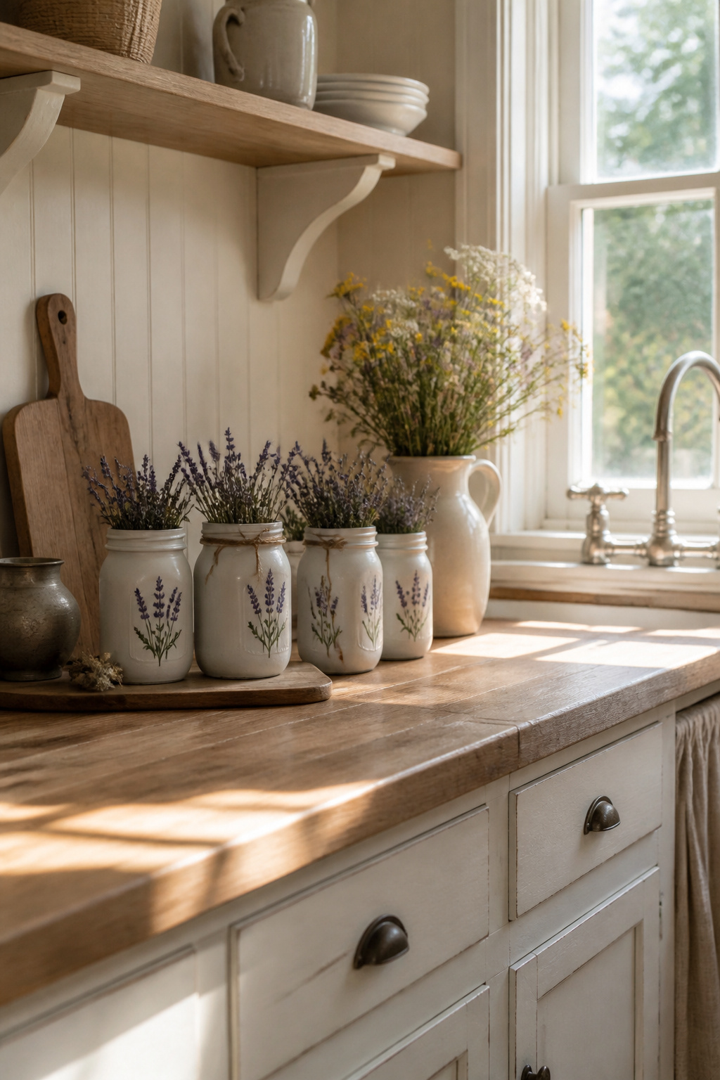 40 Summer Craft Ideas for Adults and Kids to Make in 2026 9 Glass jars painted with lavender designs using chalk paint.