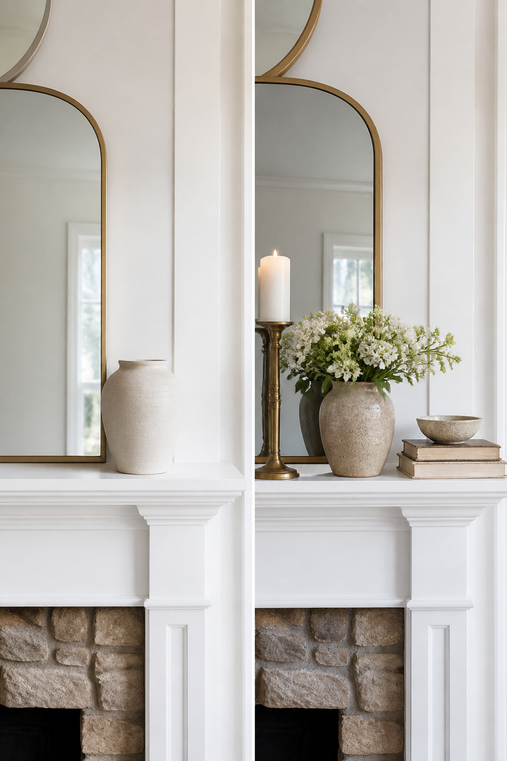 8 Summer Mantel Decorating Ideas for a Fresh, Seasonal Hearth in 2026 11 A mantel displaying items of varying heights, including tall candlesticks.