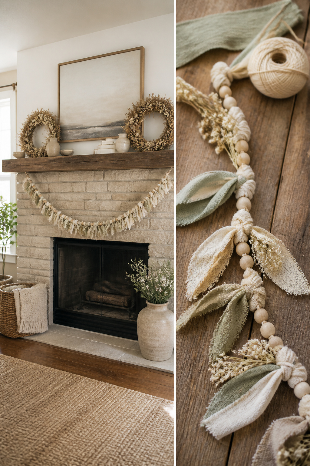 8 Summer Mantel Decorating Ideas for a Fresh, Seasonal Hearth in 2026 12 A handmade garland made from raffia and a wire hanger on the mantel.