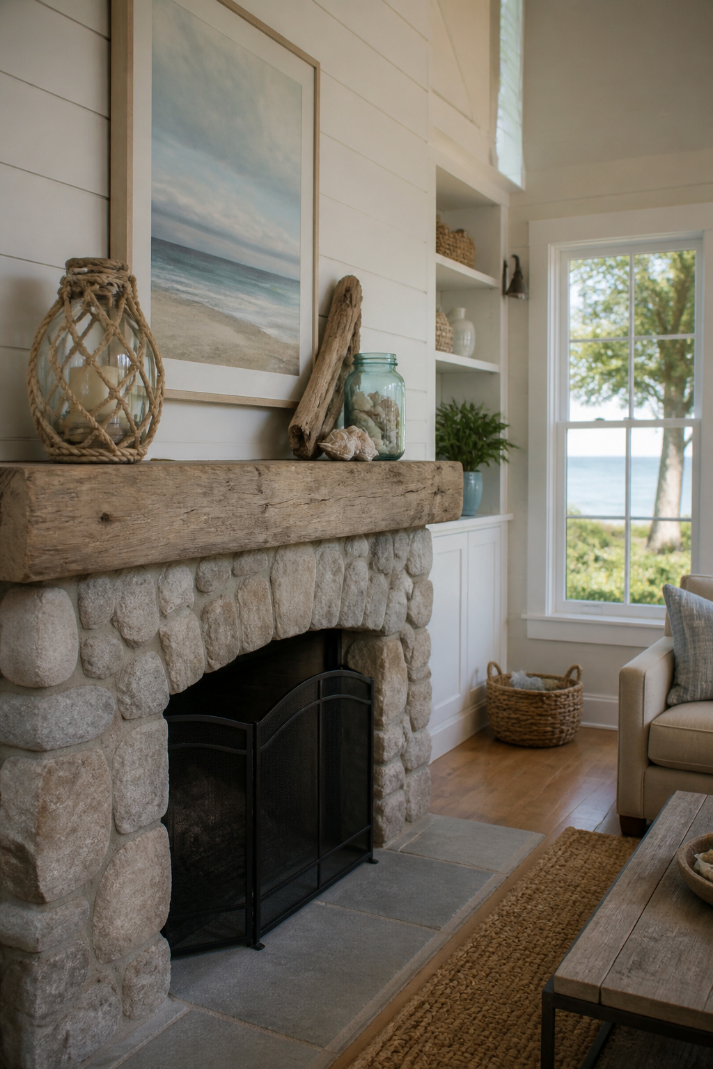 8 Summer Mantel Decorating Ideas for a Fresh, Seasonal Hearth in 2026 3 A mantel featuring wood textures, a starfish, and a vintage jar.