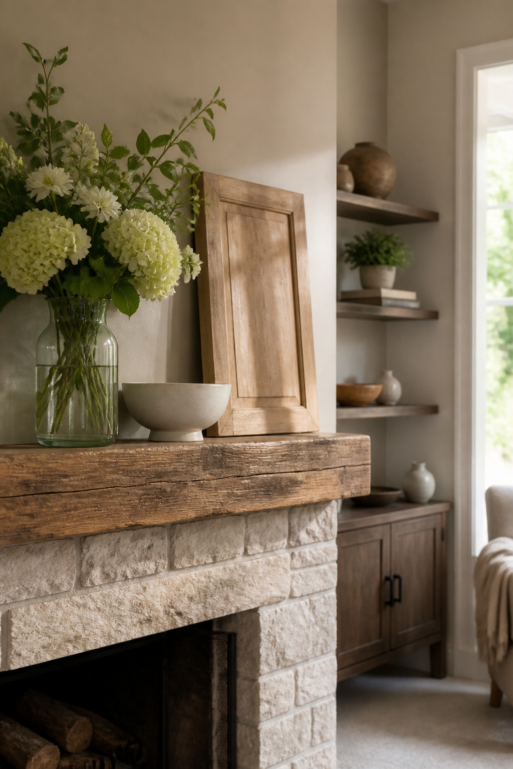 8 Summer Mantel Decorating Ideas for a Fresh, Seasonal Hearth in 2026 4 A mantel with a glass vase, a ceramic bowl, and wood leaning upright.