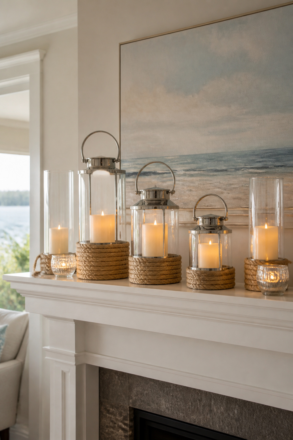 8 Summer Mantel Decorating Ideas for a Fresh, Seasonal Hearth in 2026 5 A mantel with three lanterns, two hurricanes, and glass votives.