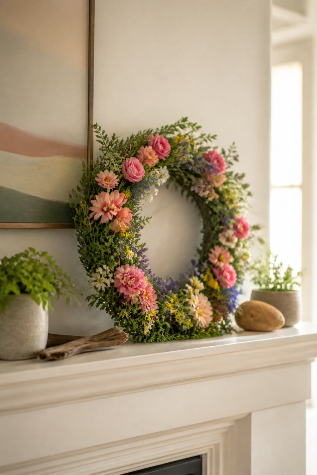 8 Summer Mantel Decorating Ideas for a Fresh, Seasonal Hearth in 2026 6 A summer wreath hung above a mantel, proportionate to its size.