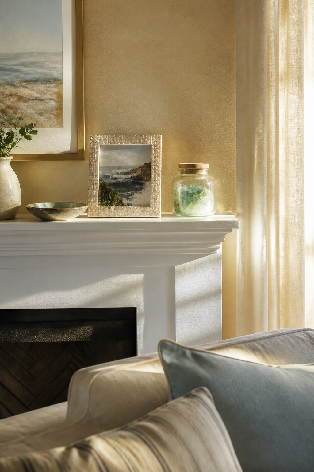 8 Summer Mantel Decorating Ideas for a Fresh, Seasonal Hearth in 2026 7 A mantel with a photo, sea glass, and a handmade ceramic dish.