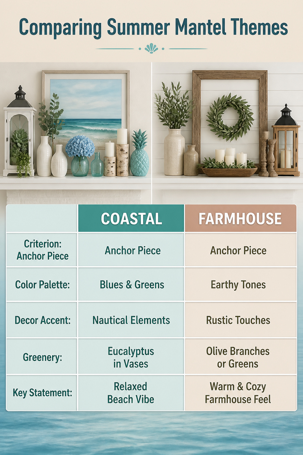 8 Summer Mantel Decorating Ideas for a Fresh, Seasonal Hearth in 2026 9 A comparison image of summer mantel themes and colors.