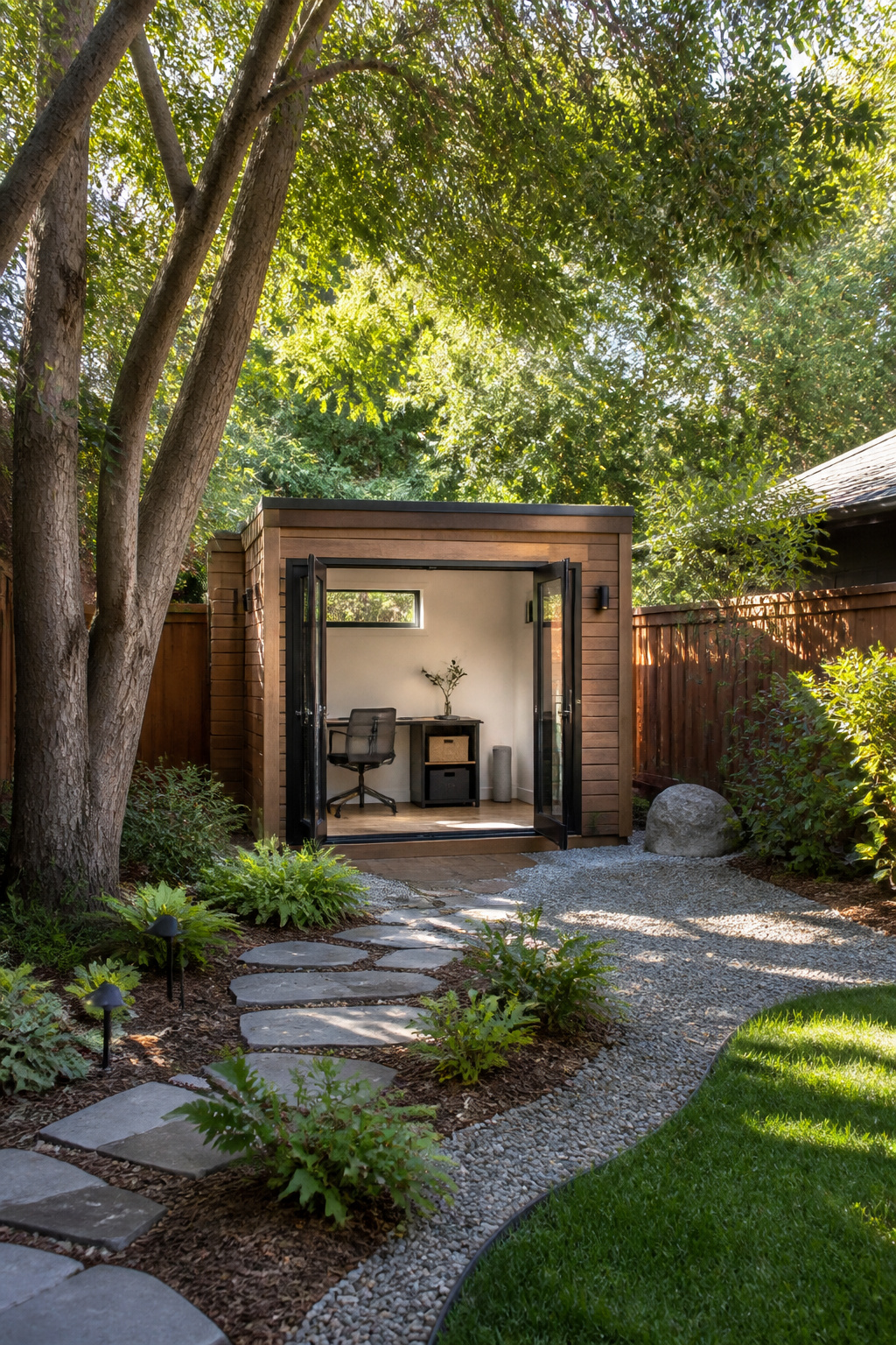 Tiny Home Office Designs for Backyard,Wheels, and Small Spaces 1 A small standalone office pod in a backyard.
