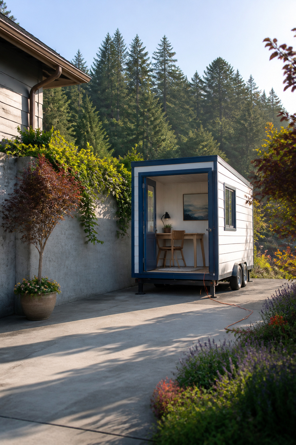 Tiny Home Office Designs for Backyard,Wheels, and Small Spaces 2 A tiny office on wheels parked in a scenic area.
