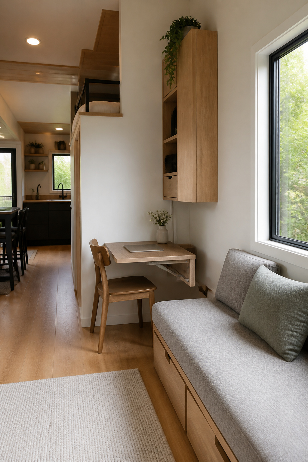 Tiny Home Office Designs for Backyard,Wheels, and Small Spaces 4 A small office space with a wall-mounted desk and a sofa bed.