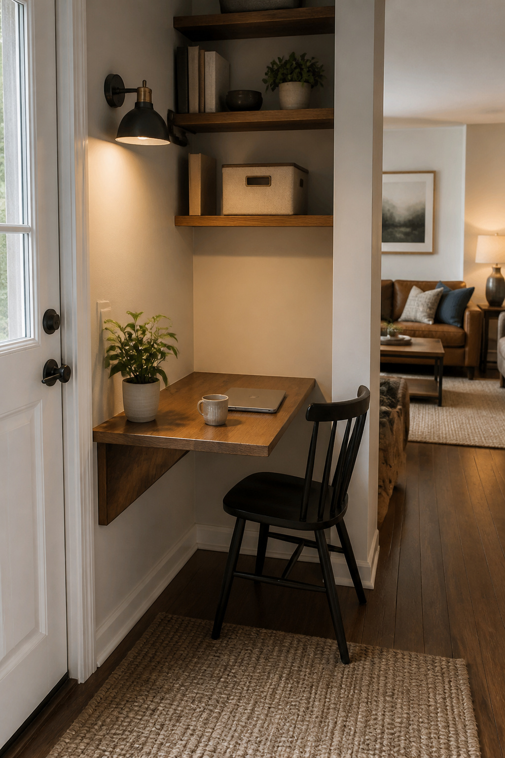 Tiny Home Office Designs for Backyard,Wheels, and Small Spaces 5 A corner workspace with a drop-leaf desk and open shelving.