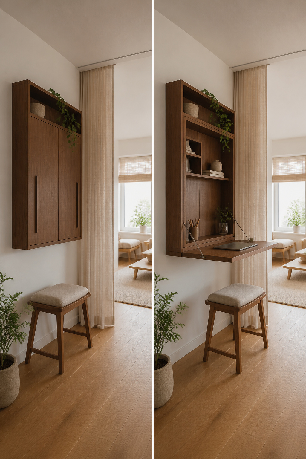 Tiny Home Office Designs for Backyard,Wheels, and Small Spaces 6 A wall-mounted Murphy desk folded down in a small room.
