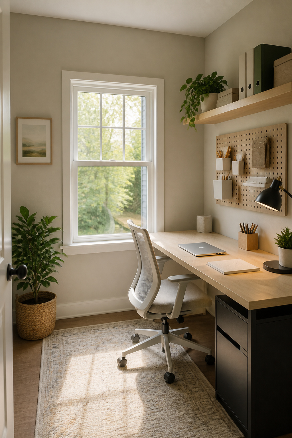 Tiny Home Office Designs for Backyard,Wheels, and Small Spaces 8 A small office with a desk by a window and wall-mounted storage.