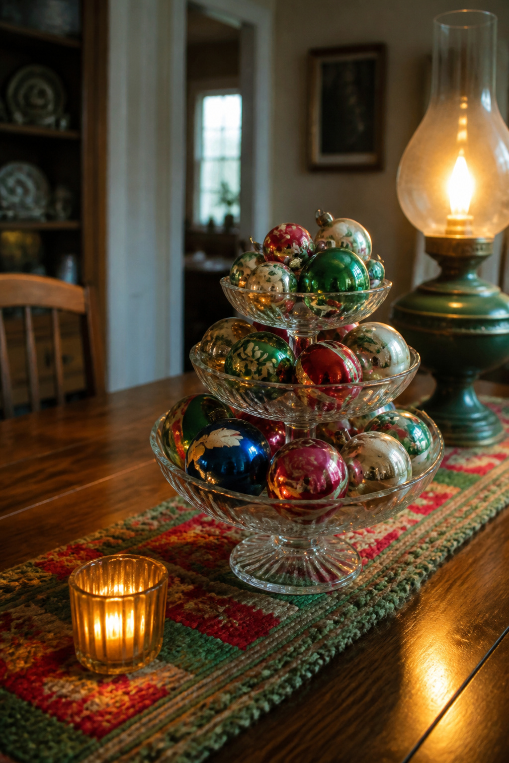Vintage Christmas Display: Ornaments, Trees, Cards & Ephemera 1 A bowl of Shiny-Brite ornaments on a wooden table.